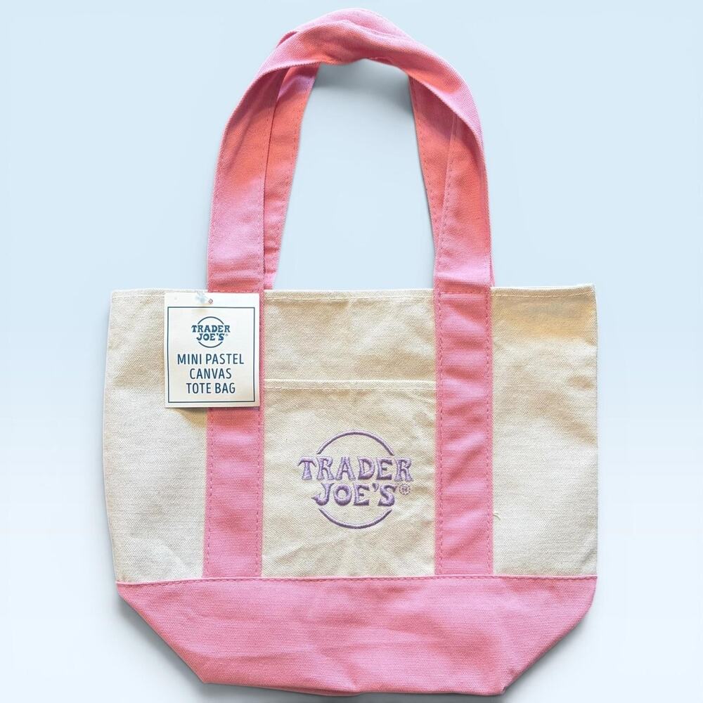 Trader Joe's Tote Bag Womens Mini Pink Canvas Pastel Colorblock Logo Embroidered